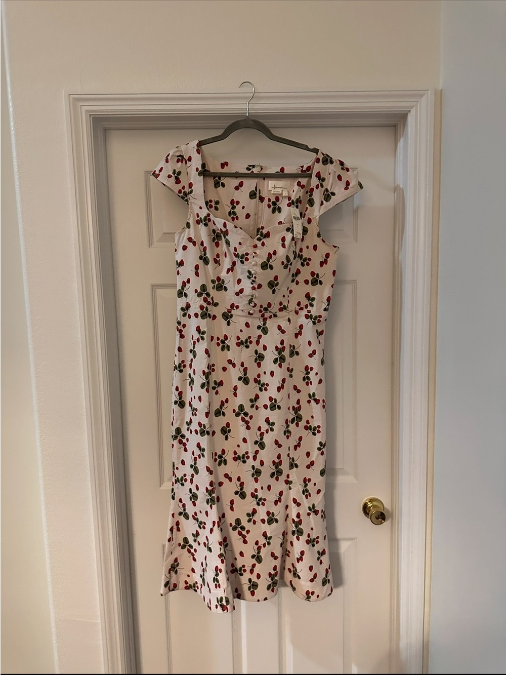 Anthropologie White Midi Dress with Cherry Print